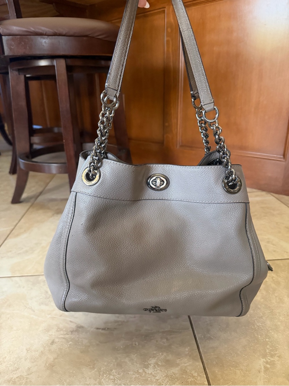 Coach Gray Pebbled Leather Shoulder Bag with Chain Straps